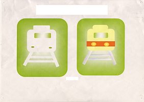 正面から見た２台の電車の絵