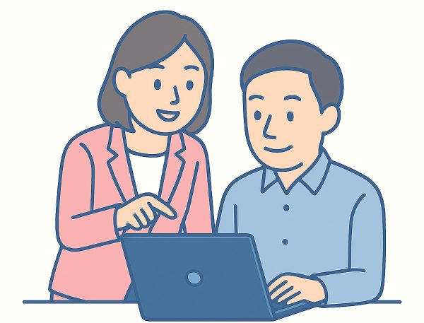 女性が男性にパソコンを教えているイラスト
