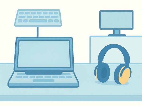 意思伝達装置やイヤーマフ、キーボードなどがおかれている展示室のイラスト